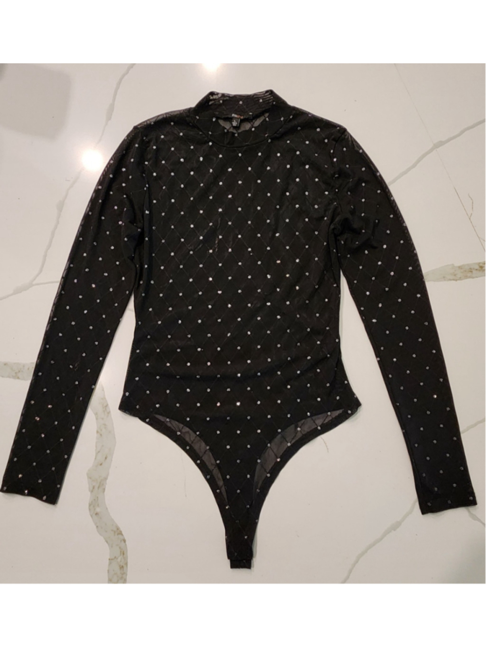 Blashe Black Rhinestone Mesh Bodysuit L Sparkly Sheer Mock Neck Party Leotard
